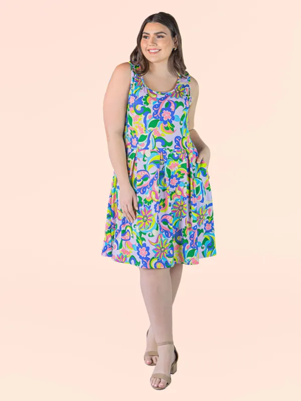 Plus Size Bright Multicolor Floral Sleeveless Pleated Knee Length Pocket Dress sold by 24/7 Comfort Apparel