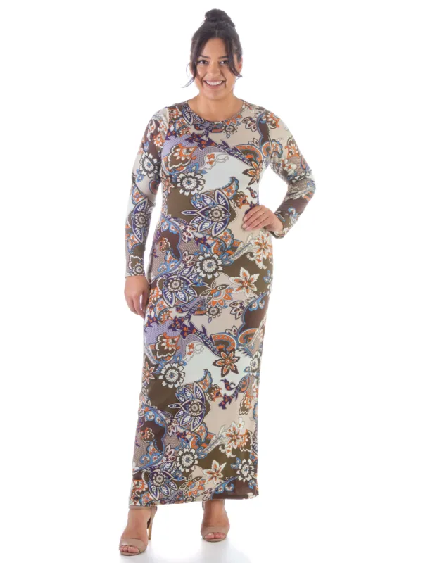 Tan Floral Long Sleeve Plus Size Side Slit Maxi Dress sold by 24/7 Comfort Apparel