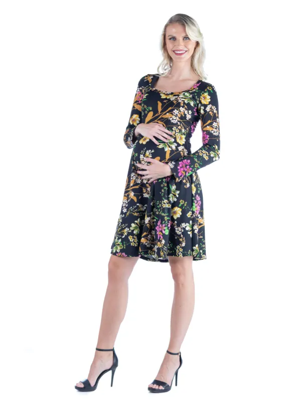 Maternity Black Floral Long Sleeve Knee Length Dress sold by 24/7 Comfort Apparel