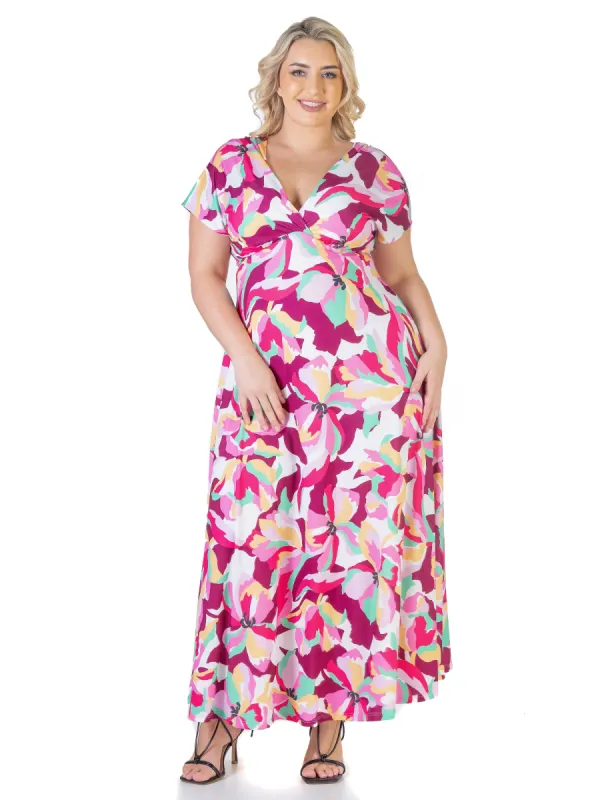 Pink Floral Plus Size Cap Sleeve Flowy Empire Waist Maxi Dress sold by 24/7 Comfort Apparel