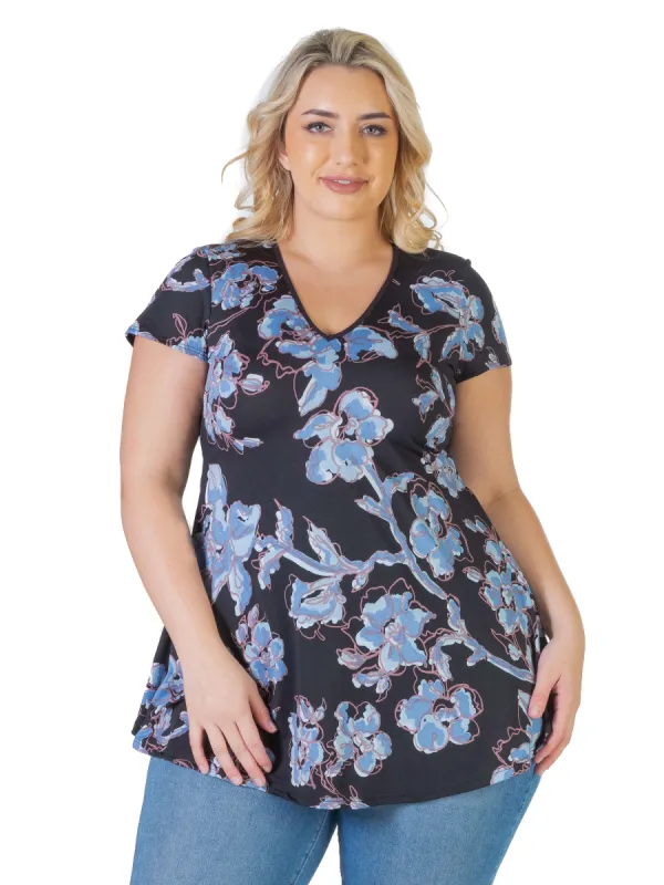 Blue Floral Plus Size V Neck Casual T Shirt Tunic Top sold by 24/7 Comfort Apparel