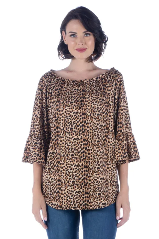 Brown Animal Print Elastic Neckline Tunic Top sold by 24/7 Comfort Apparel