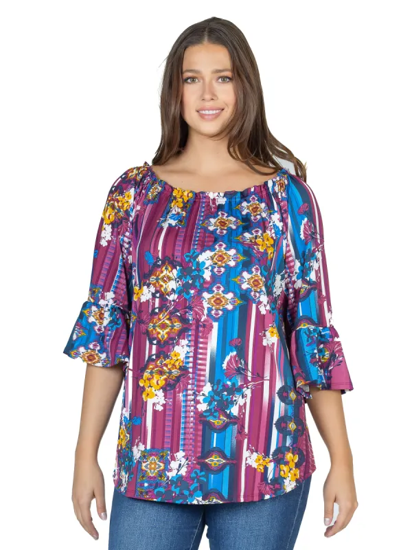 Striped Floral Elastic Neckline Losse Fit Plus Size Tunic Top sold by 24/7 Comfort Apparel