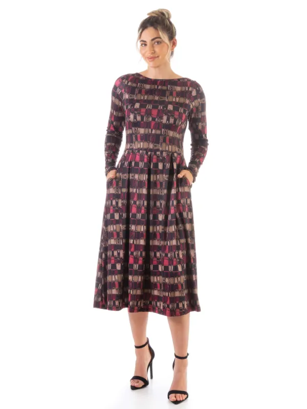 Red Print Long Sleeve Pleated Pocket Midi Dress sold by 24/7 Comfort Apparel