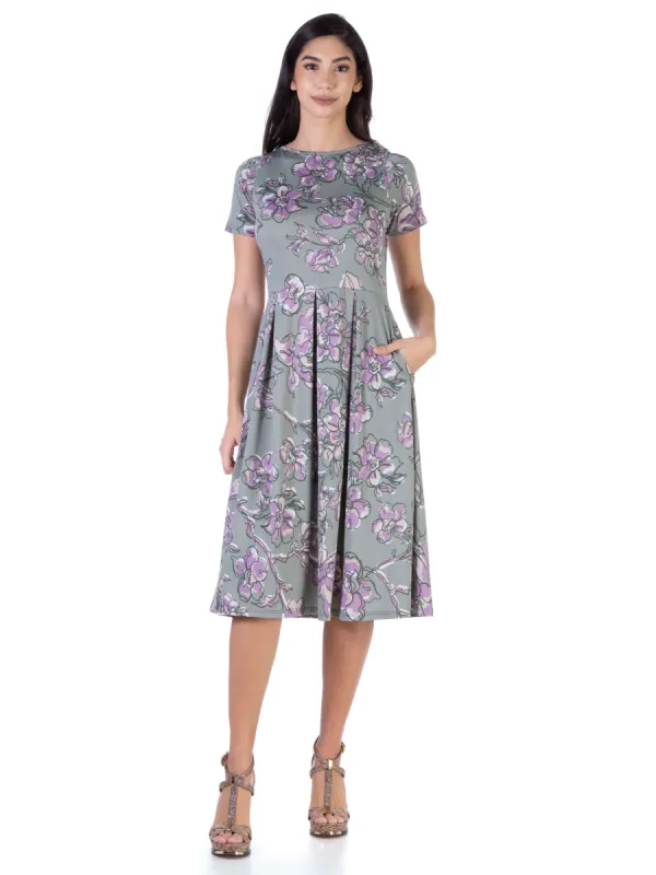Floral Short Sleeve Pleated Fit and Flare Midi Pocket Dress sold by 24/7 Comfort Apparel