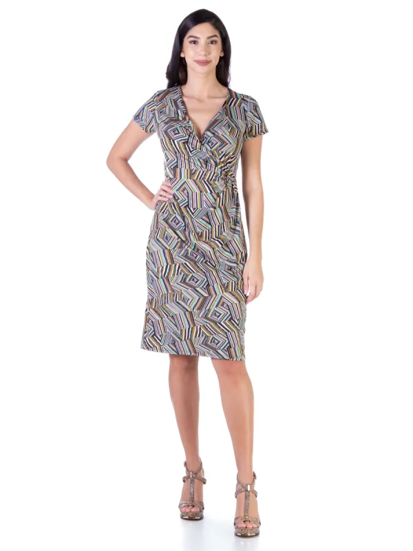 Geo Print Short Sleeve Knee Length Faux Wrap Dress sold by 24/7 Comfort Apparel