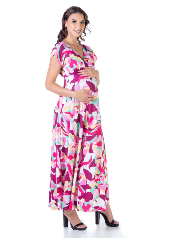 Pink Floral Maternity Cap Sleeve Flowy Empire Waist Maxi Dress sold by 24/7 Comfort Apparel