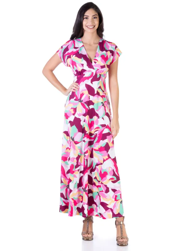 Pink Floral V Neck Cap Sleeve Flowy Empire Waist Maxi Dress sold by 24/7 Comfort Apparel