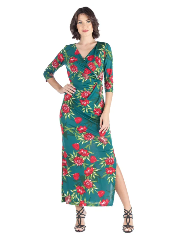 V Neck Green Floral Maxi Wrap Dress sold by 24/7 Comfort Apparel