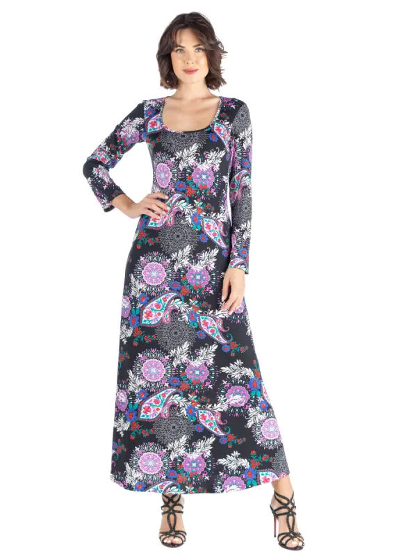 Black Paisley Long Sleeve A Line Maxi Dress sold by 24/7 Comfort Apparel