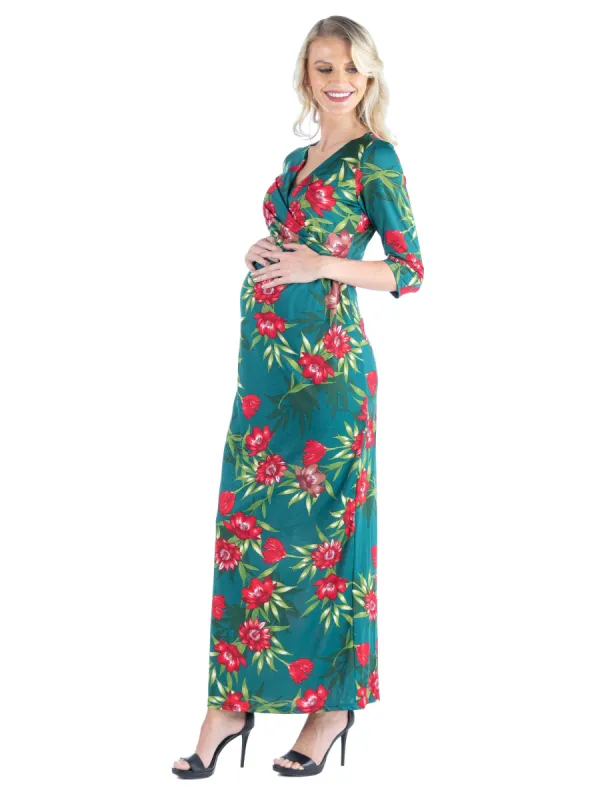 Maternity V Neck Green Floral Maxi Wrap Dress sold by 24/7 Comfort Apparel