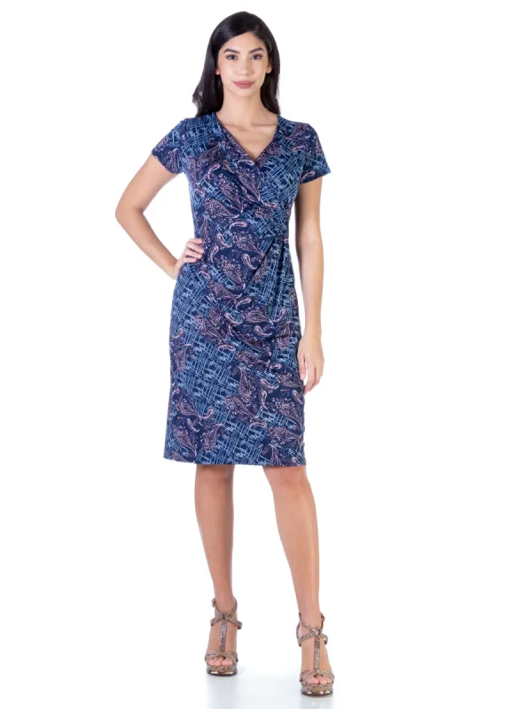 Blue Short Sleeve Knee Length Faux Wrap Dress sold by 24/7 Comfort Apparel