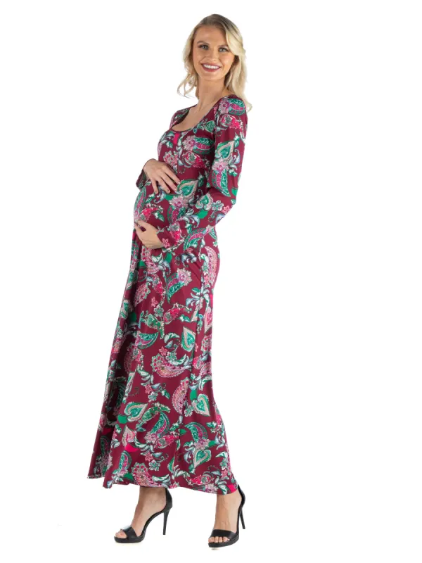 Maternity Red Paisley Long Sleeve A Line Maxi Dress sold by 24/7 Comfort Apparel