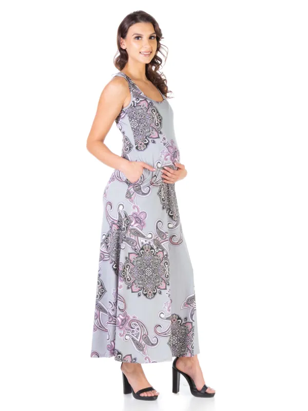 Lilac Print Maternity Sleeveless Casual Pocket Maxi Dress sold by 24/7 Comfort Apparel