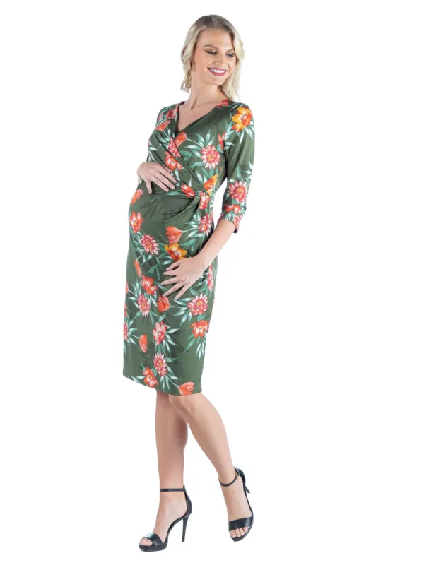 Maternity V Neck Green Knee Length Wrap Dress sold by 24/7 Comfort Apparel