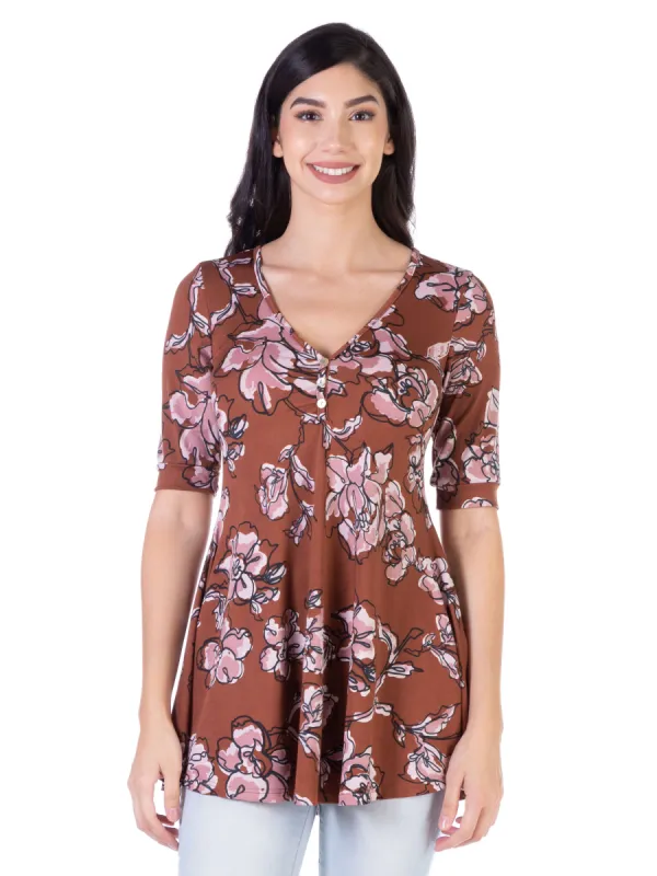 Brown Floral Elbow Sleeve Casual V Neck Henley Tunic Top sold by 24/7 Comfort Apparel