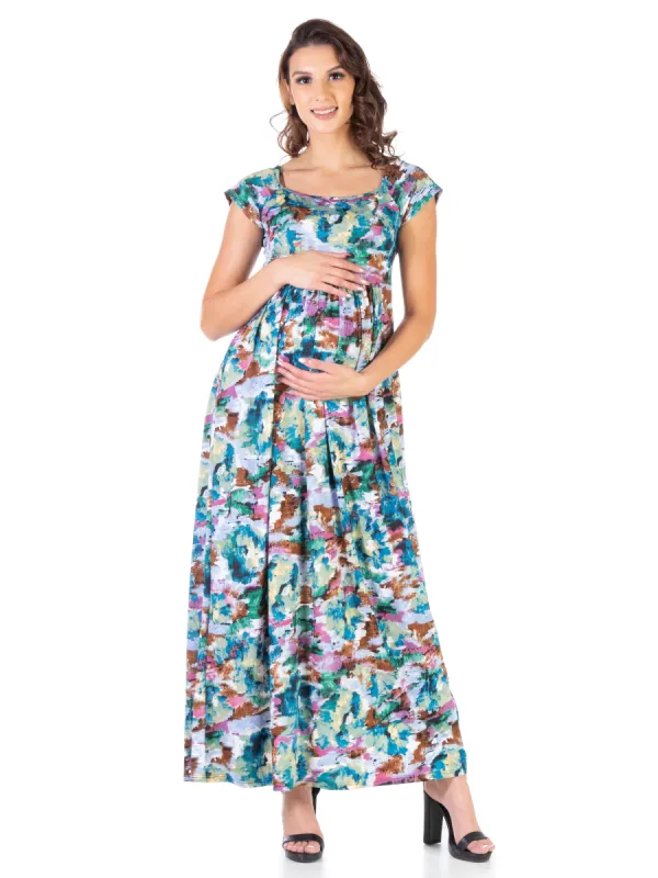 Multicolor Cap Sleeve Maternity Empire Waist Maxi Dress sold by 24/7 Comfort Apparel