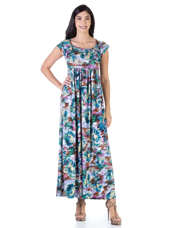 Multicolor Cap Sleeve Pleated Flowy Empire Waist Maxi Dress sold by 24/7 Comfort Apparel