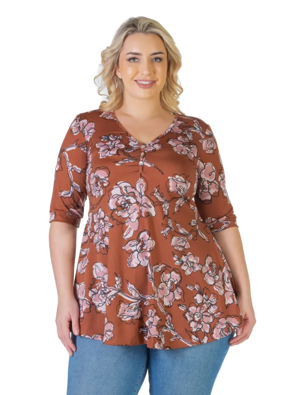 Brown Floral Elbow Sleeve Plus Size Henley Tunic Top sold by 24/7 Comfort Apparel