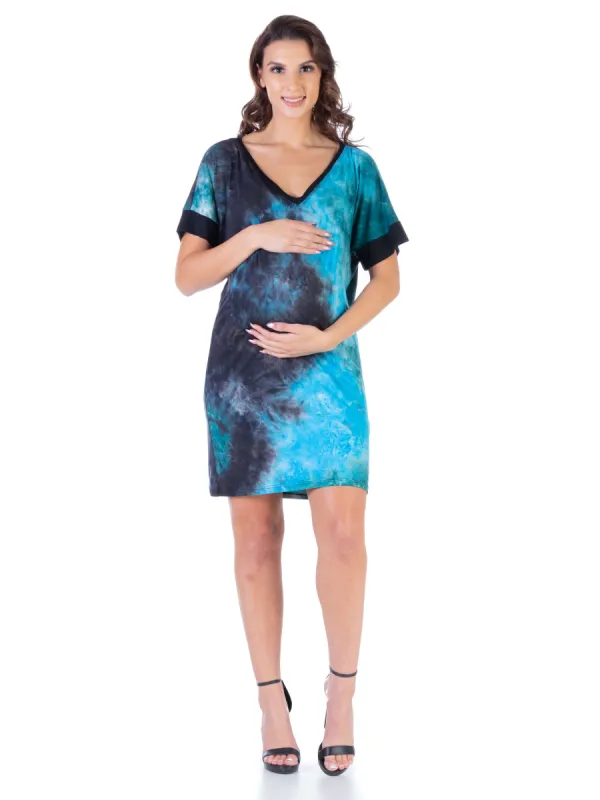 Maternity Casual Teal Tie Dye Knee Length T Shirt Dress sold by 24/7 Comfort Apparel
