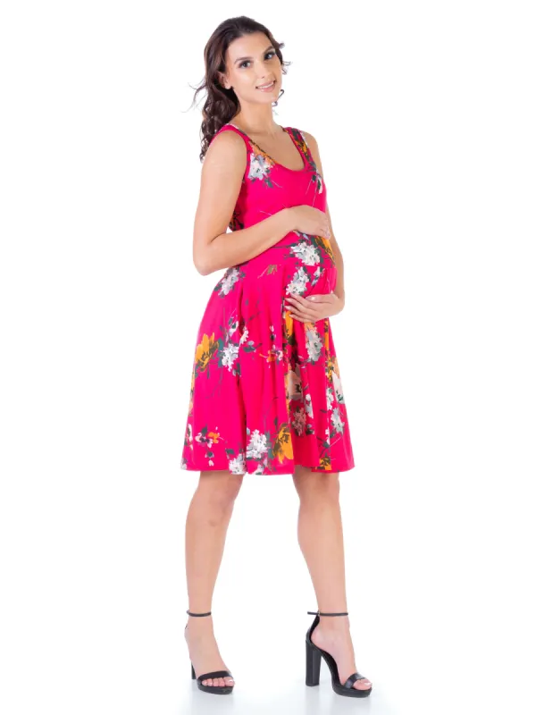 Floral Fuchsia Maternity Sleeveless Knee Length Pocket Dress made by 24/7 Comfort Apparel