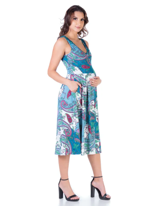 Blue Sleeveless Midi Maternity Fit and Flare Pocket Dress sold by 24/7 Comfort Apparel