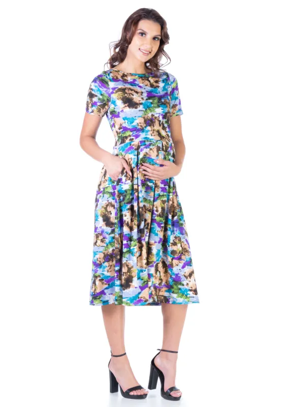 Abstract Maternity Pleated Fit n Flare Midi Pocket Dress sold by 24/7 Comfort Apparel