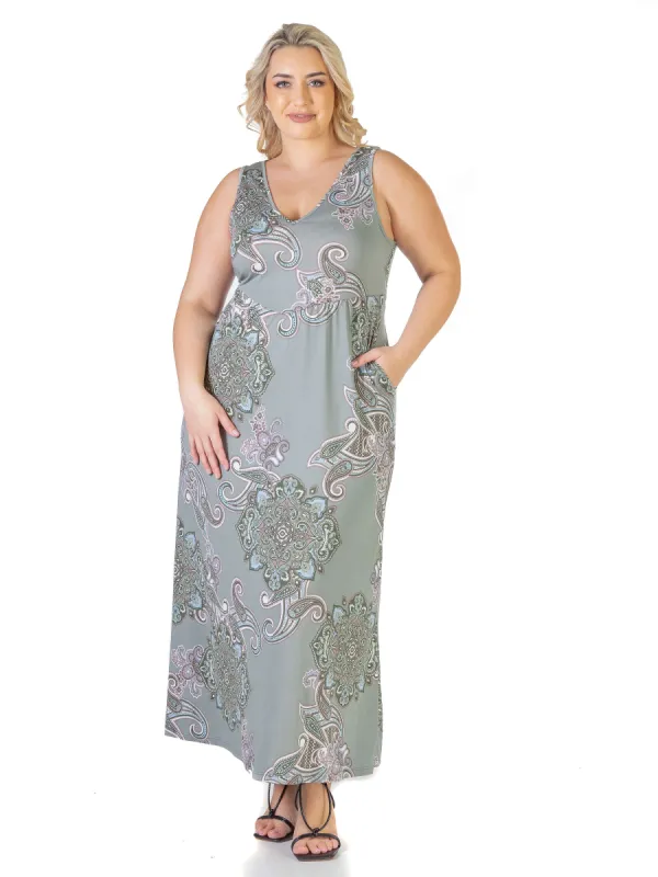 Paisley Plus Size Sleeveless Pleated Maxi Dress With Pockets sold by 24/7 Comfort Apparel