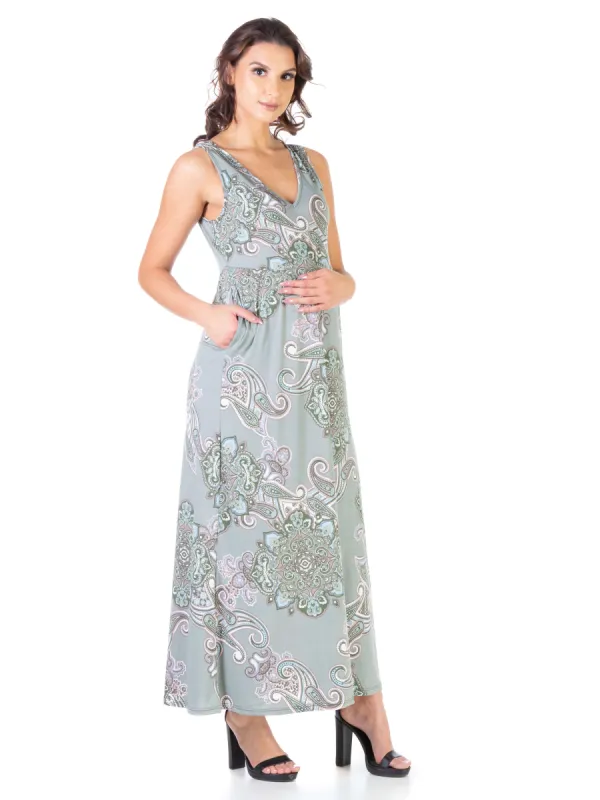 Paisley Maternity Sleeveless Pleated Maxi Dress With Pockets sold by 24/7 Comfort Apparel