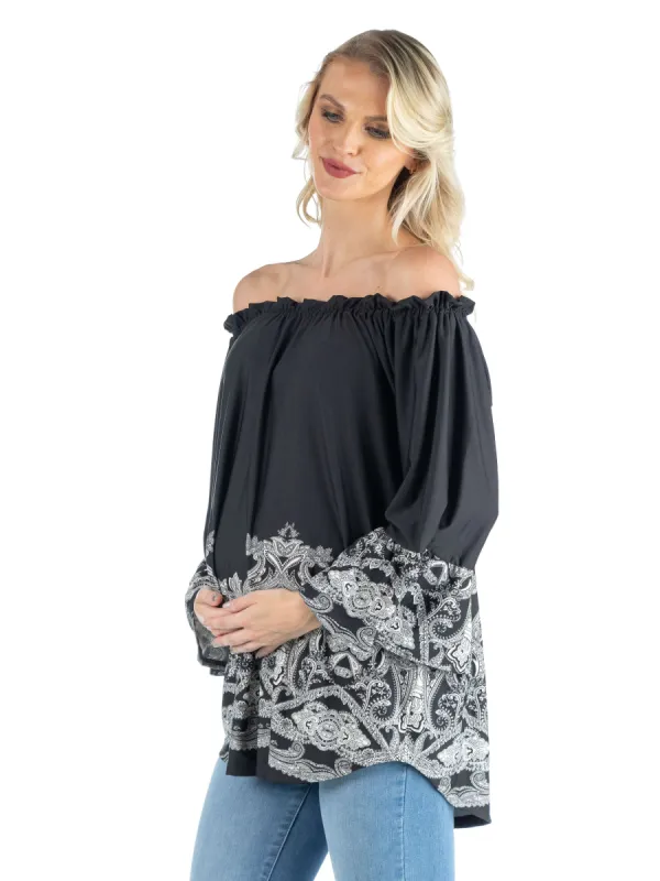 Maternity Black Flare Sleeve Elastic Neckline Tunic Tops sold by 24/7 Comfort Apparel