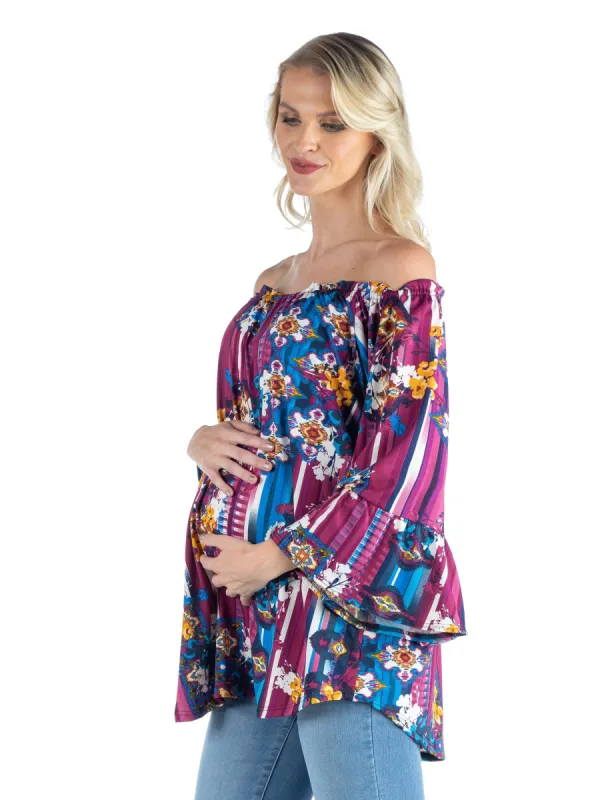 Maternity Floral Flare Sleeve Elastic Neckline Tunic Tops sold by 24/7 Comfort Apparel