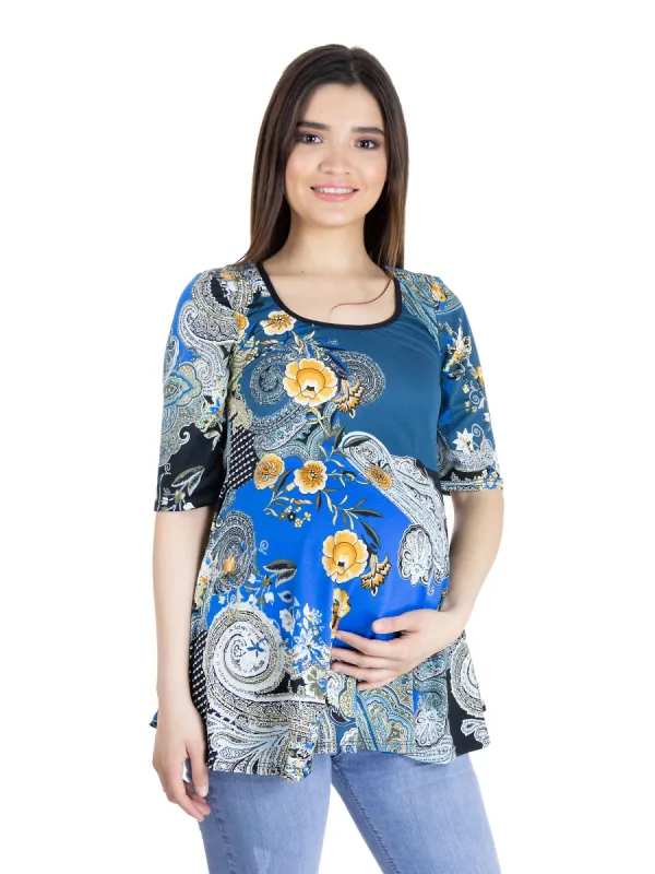 Blue Paisley Elbow Sleeve Flared Maternity Tunic Top sold by 24/7 Comfort Apparel