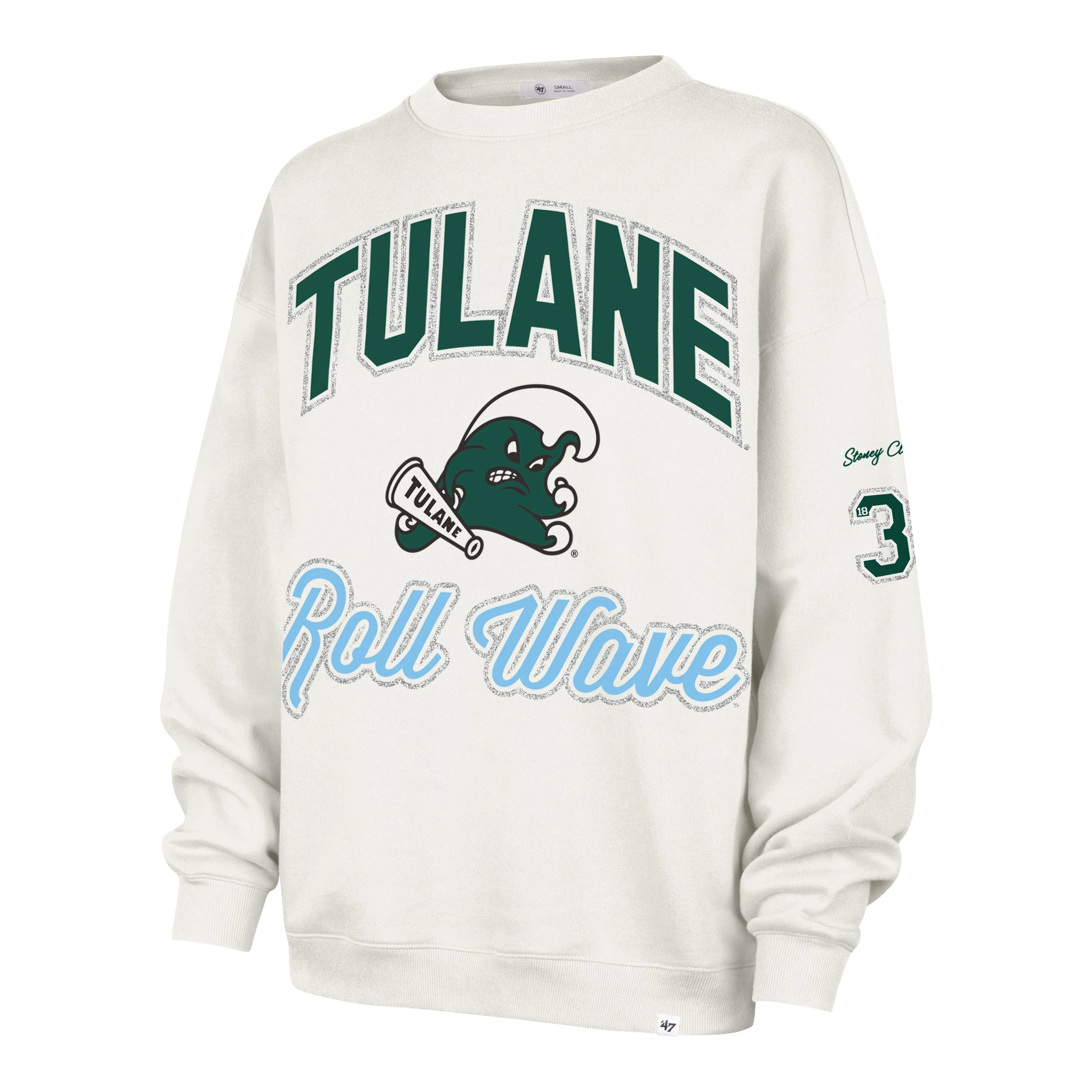 TULANE GREEN WAVE STONEY CLOVER LANE X '47 OVERSIZED GLITTER ARCH CREW WOMENS sold by 47