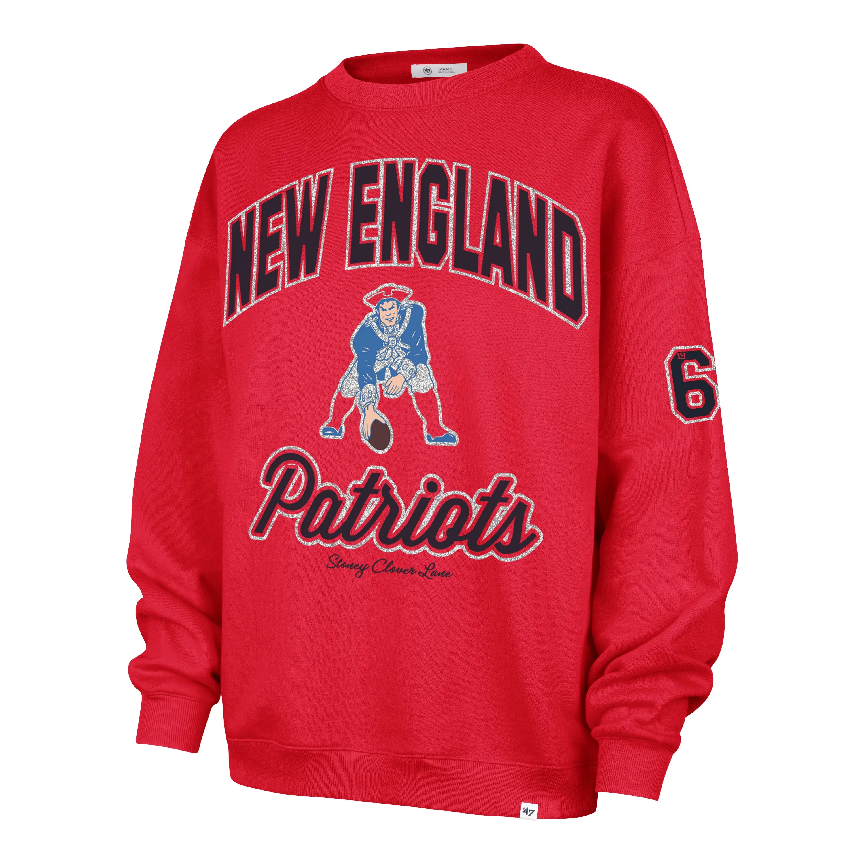 NEW ENGLAND PATRIOTS HISTORIC STONEY CLOVER LANE X '47 OVERSIZED GLITTER ARCH CREW WOMENS sold by 47