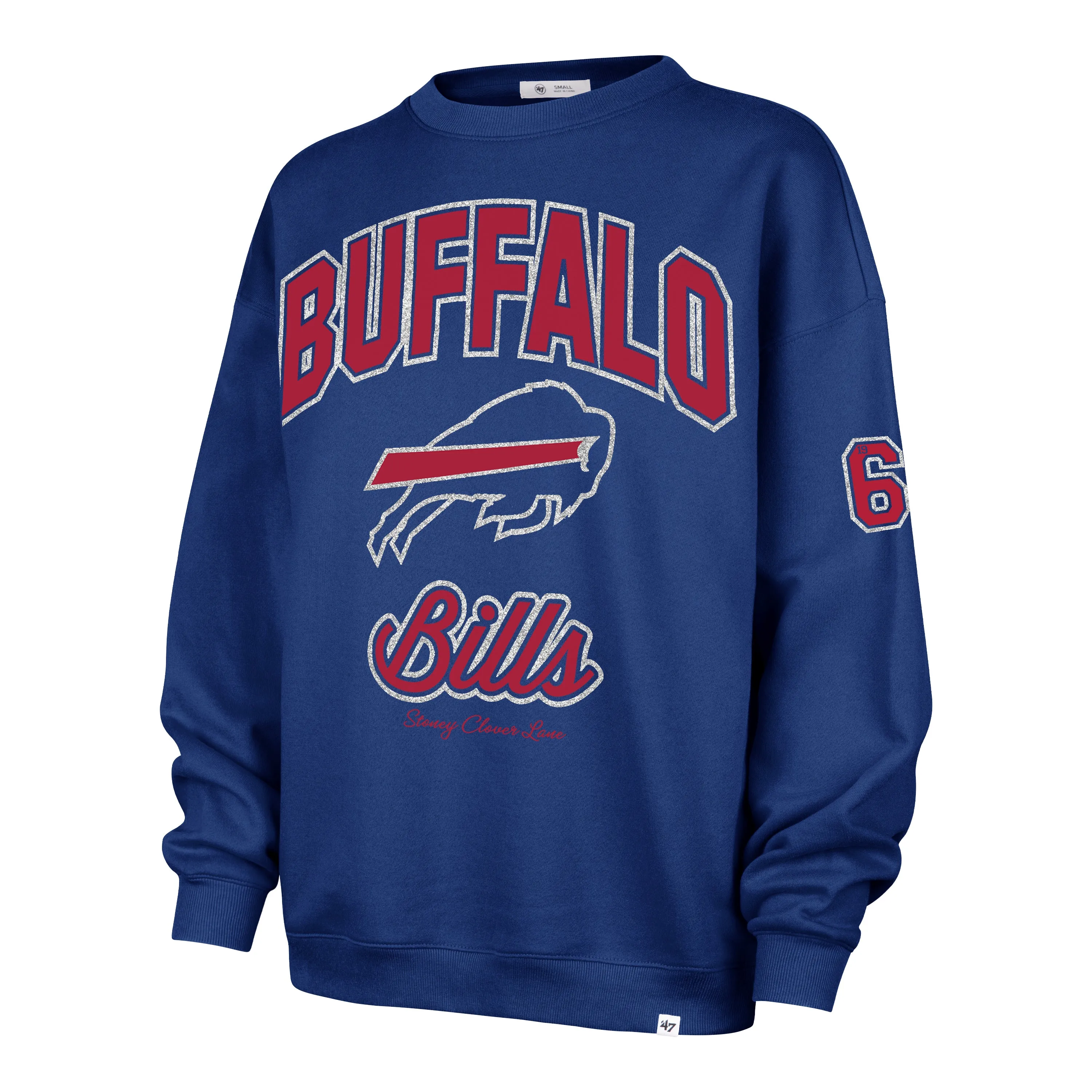 BUFFALO BILLS STONEY CLOVER LANE X '47 OVERSIZED GLITTER ARCH CREW WOMENS sold by 47
