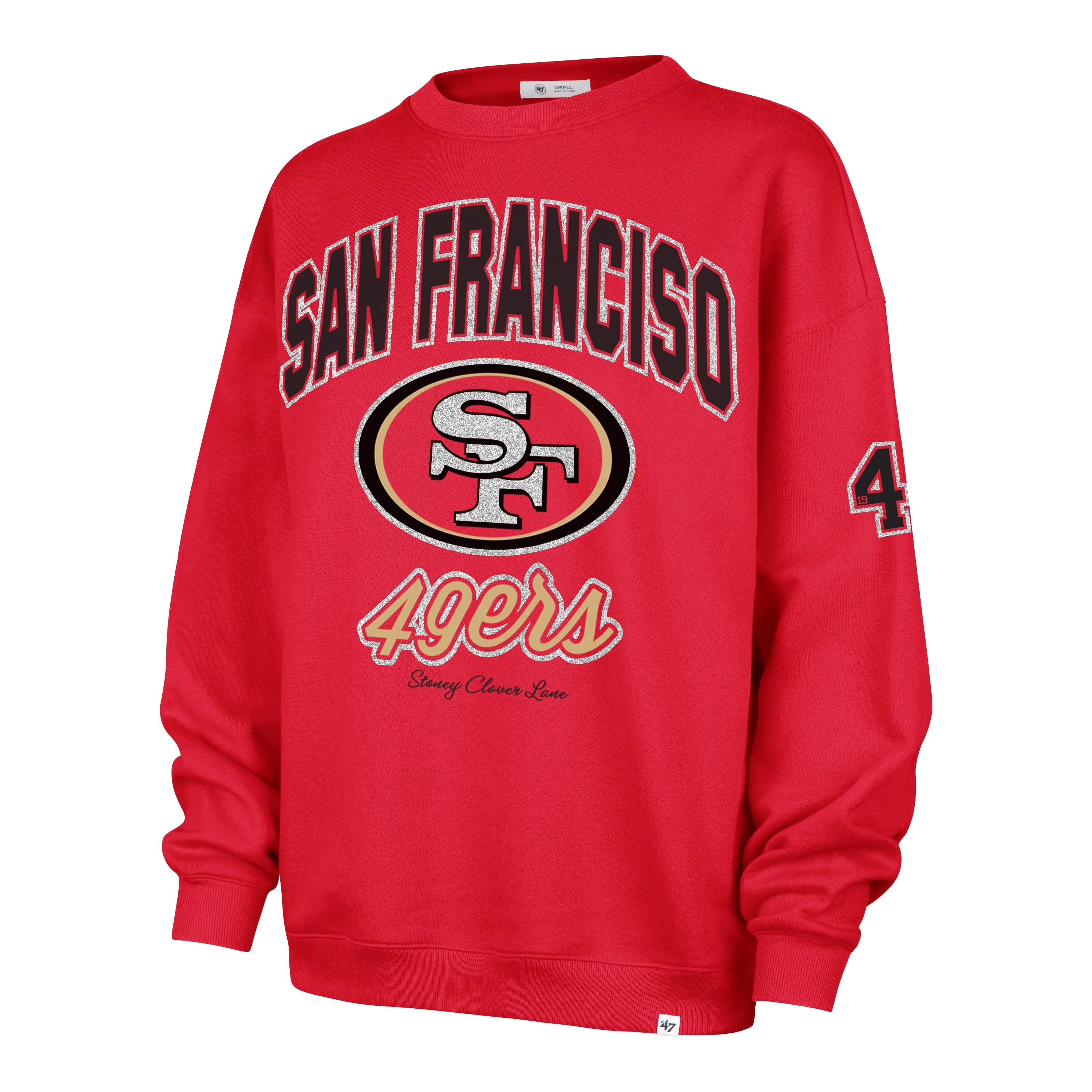 SAN FRANCISCO 49ERS STONEY CLOVER LANE X '47 OVERSIZED GLITTER ARCH CREW WOMENS sold by 47