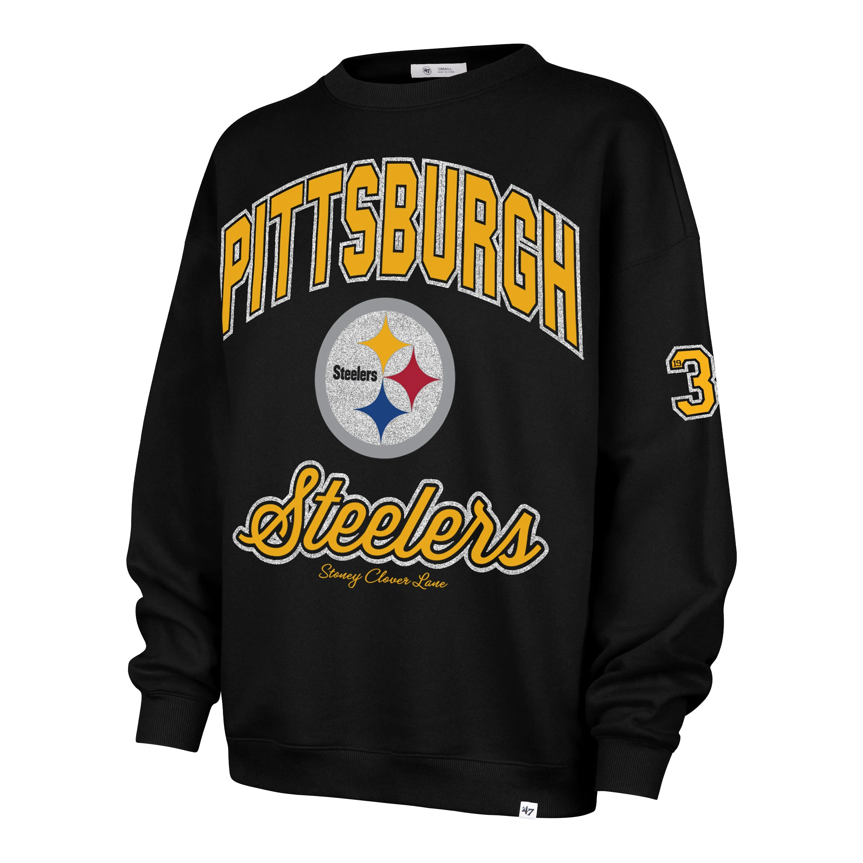 PITTSBURGH STEELERS STONEY CLOVER LANE X '47 OVERSIZED GLITTER ARCH CREW WOMENS sold by 47