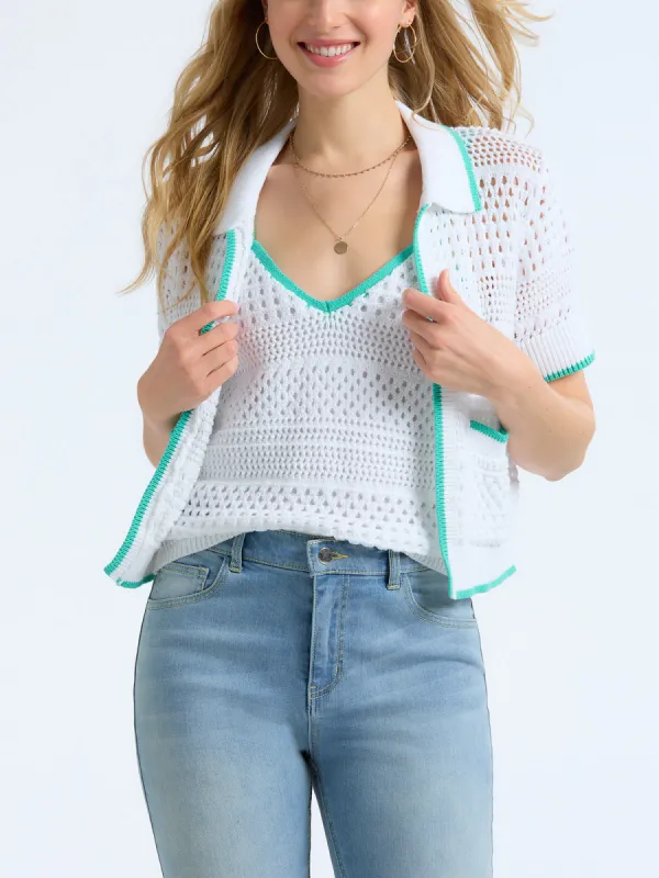 Esther: 100% Cotton Crochet Collared Cardigan sold by 525 America
