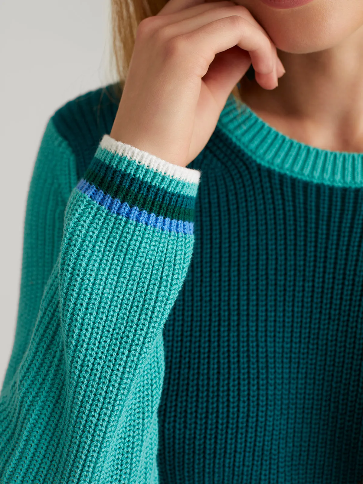 Emma: 100% Cotton Tipped Crewneck Shaker Stitch Sweater sold by 525 America product image thumbnail 4