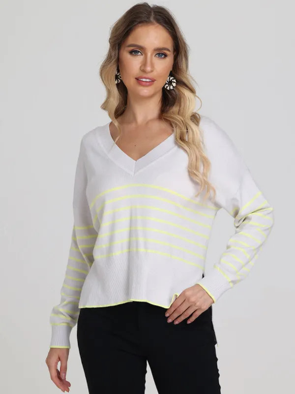 Noor: Stripe Oversized V-Neck Pullover sold by 525 America