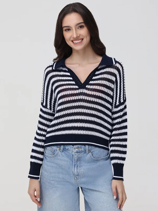 Kimberly: Stripe Open Stitch Polo Sweater sold by 525 America