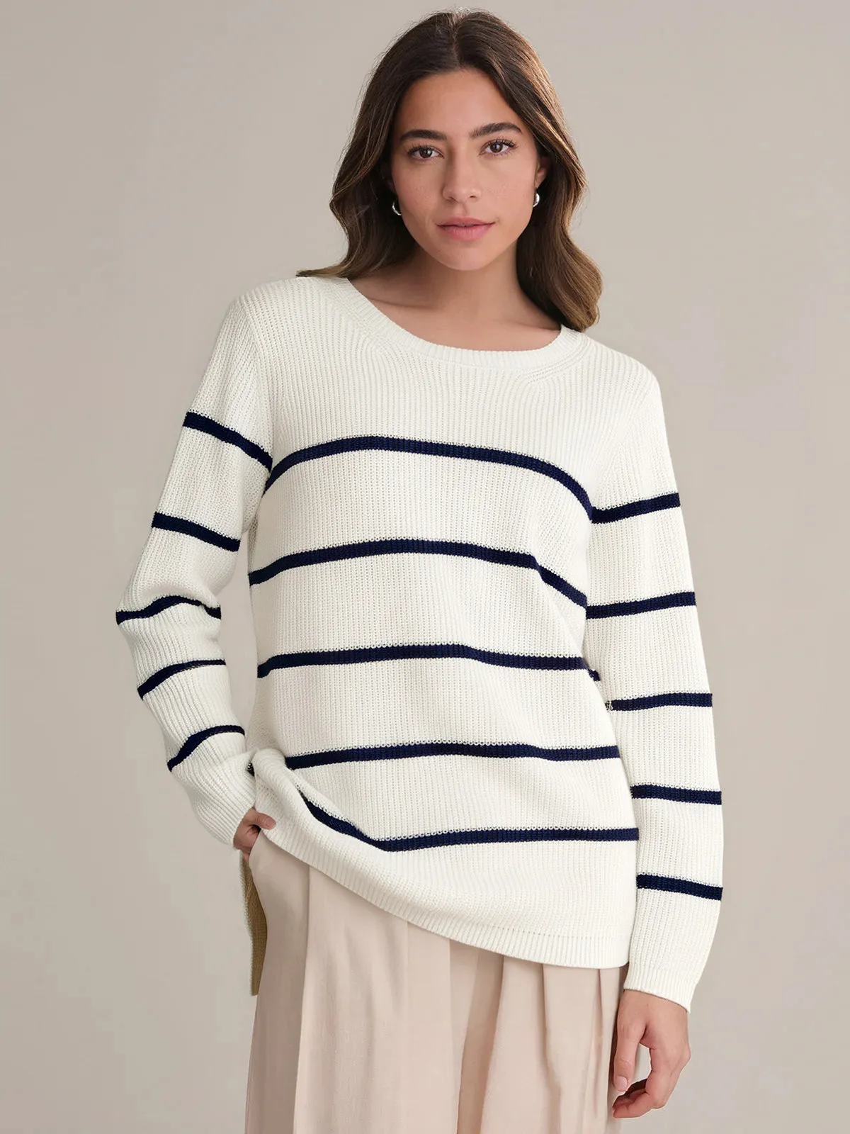 Emma: Stripe Crewneck Shaker Stitch Cotton Sweater sold by 525 America