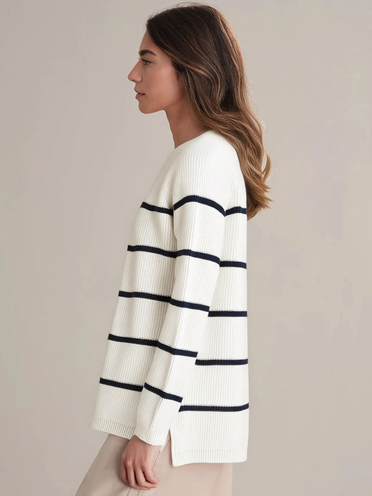 Emma: Stripe Crewneck Shaker Stitch Cotton Sweater sold by 525 America product image thumbnail 2