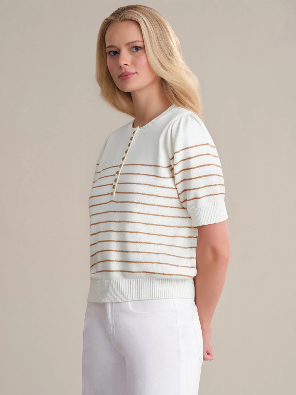 Carly: Stripe Half Button Cotton Sweater sold by 525 America product image thumbnail 2