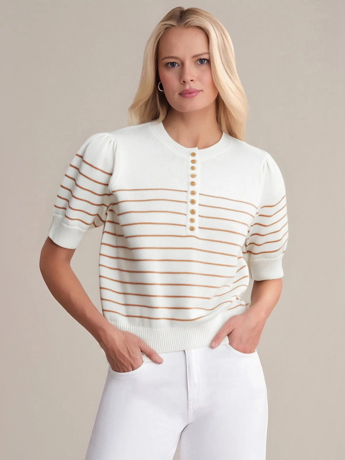 Carly: Stripe Half Button Cotton Sweater sold by 525 America
