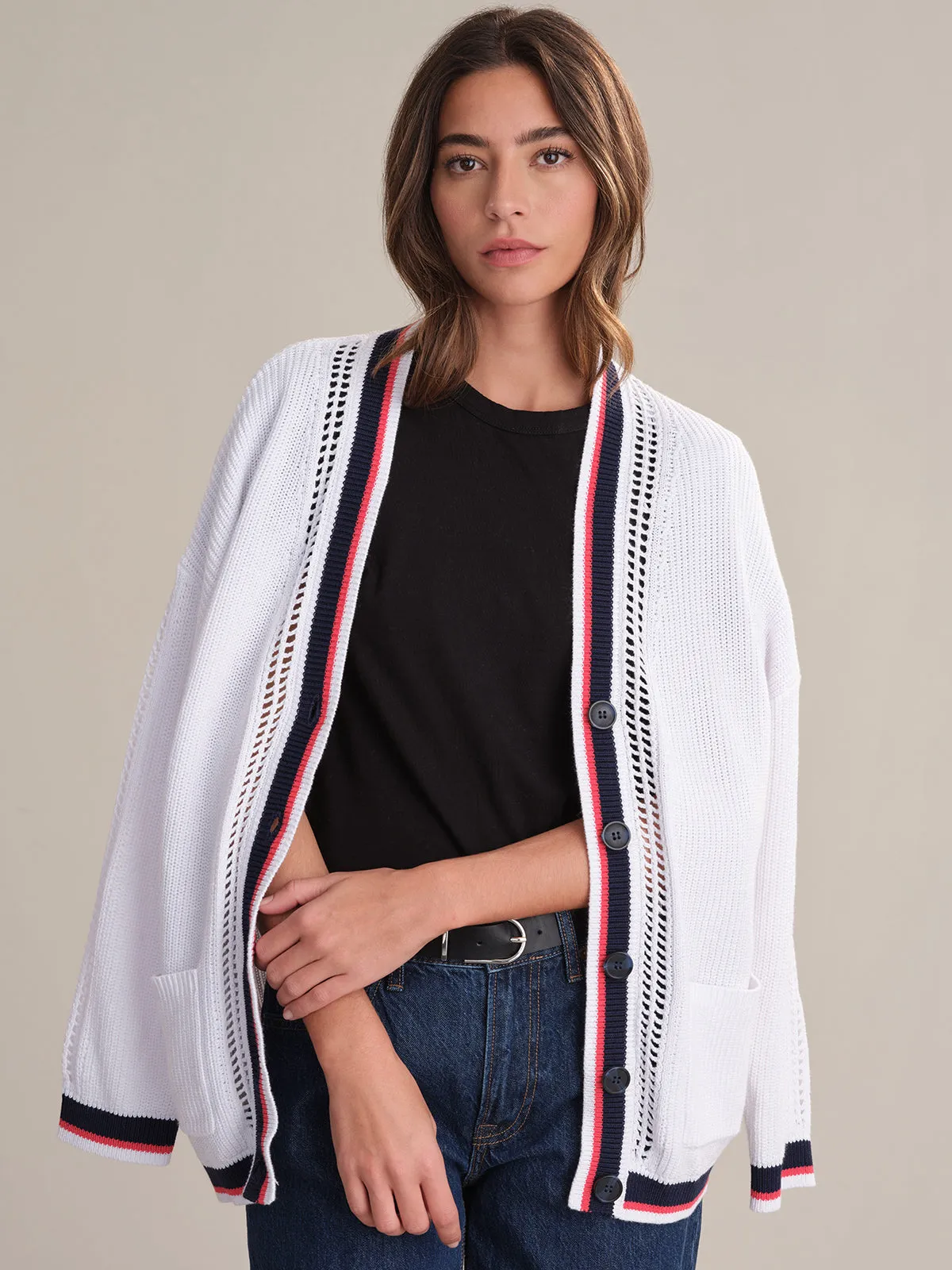 Janet: Cotton Varsity Stripe Cardigan sold by 525 America