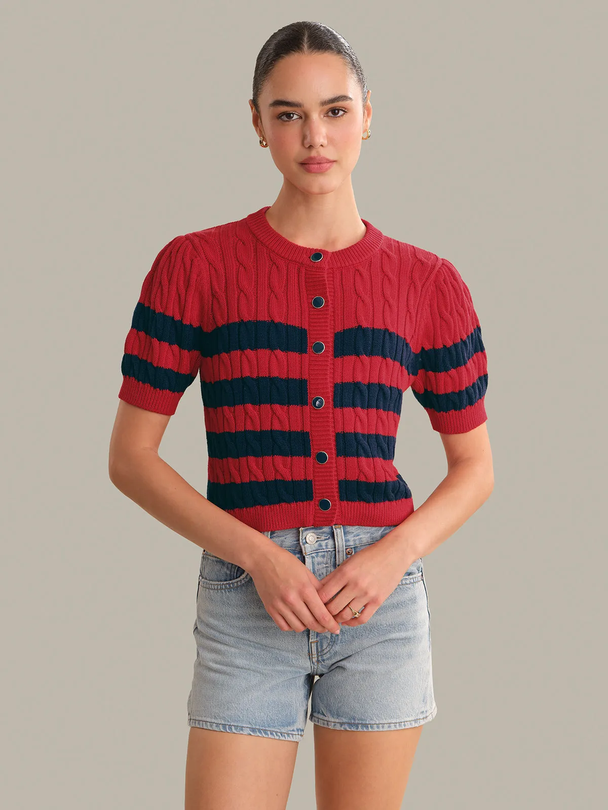 Tallulah Striped Puff Sleeve Cable Cardigan sold by 525 America product image thumbnail 4