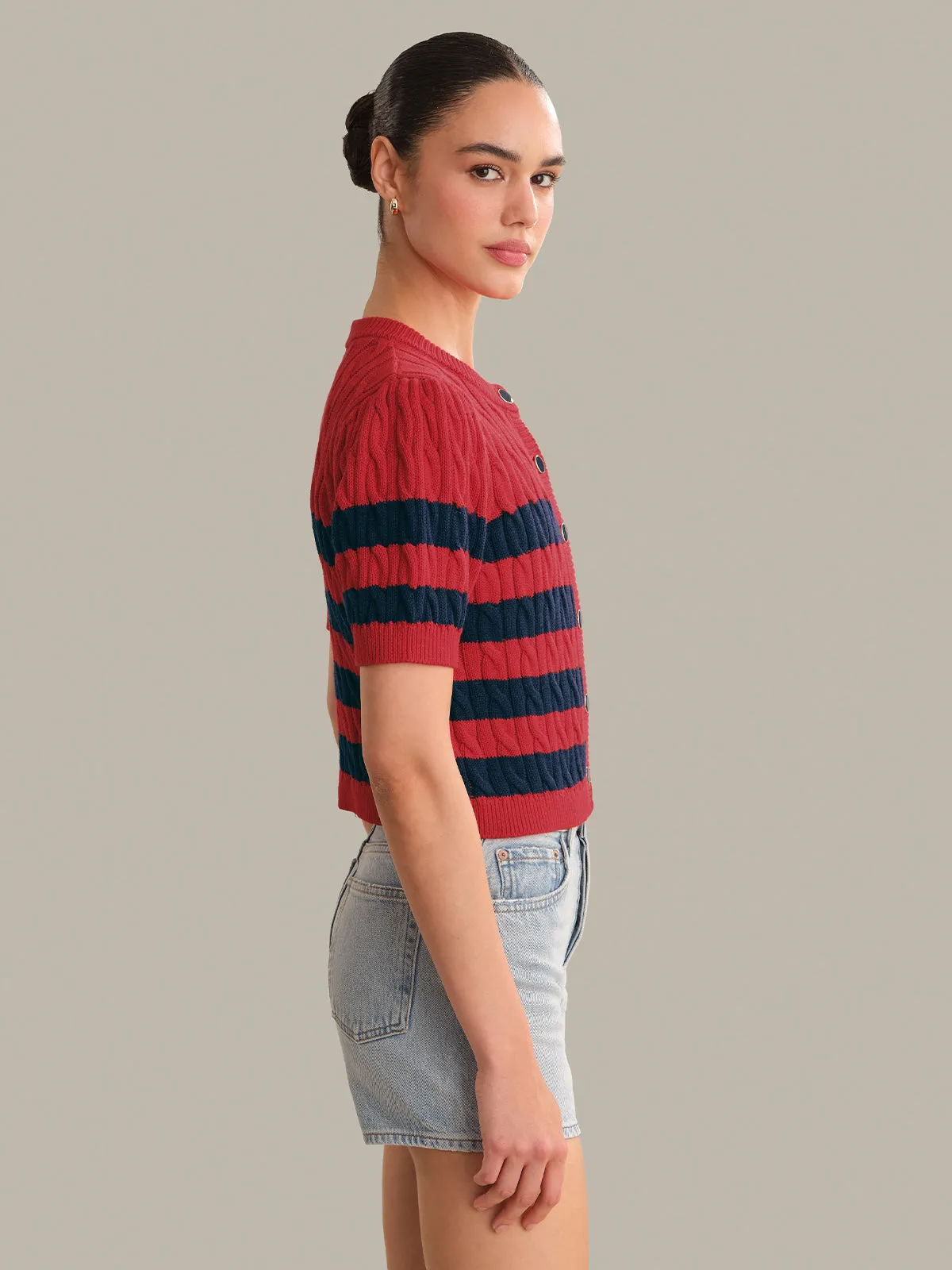 Tallulah Striped Puff Sleeve Cable Cardigan sold by 525 America product image thumbnail 2