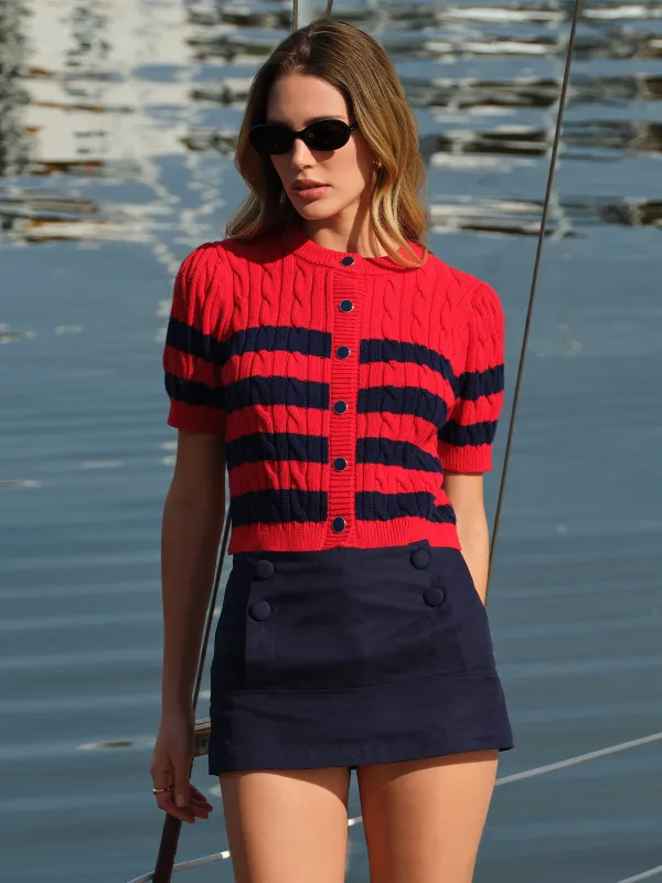 Tallulah Striped Puff Sleeve Cable Cardigan made by 525 America