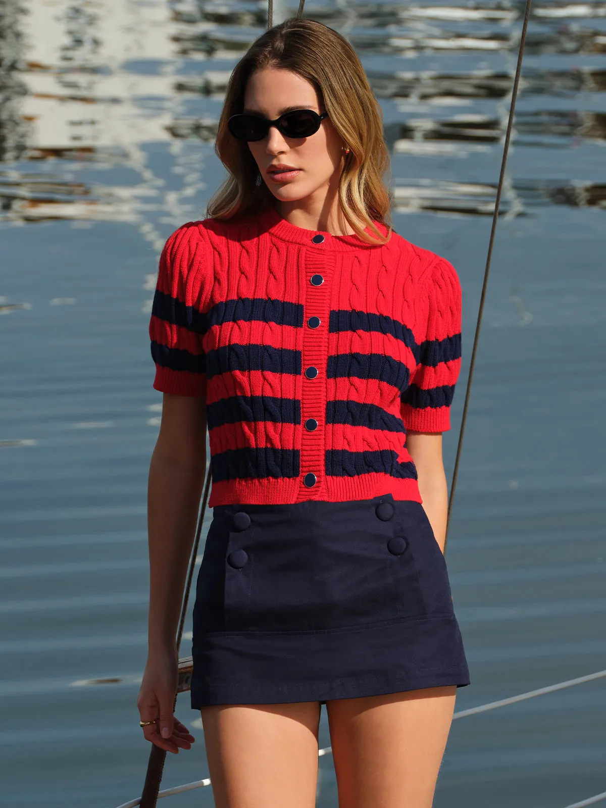 Tallulah Striped Puff Sleeve Cable Cardigan sold by 525 America